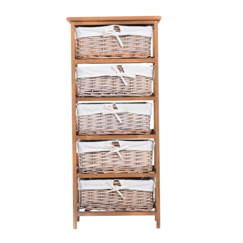 5-Drawers Storage Unit Wooden Frame with Wicker Woven Baskets Household Cabinet Chest