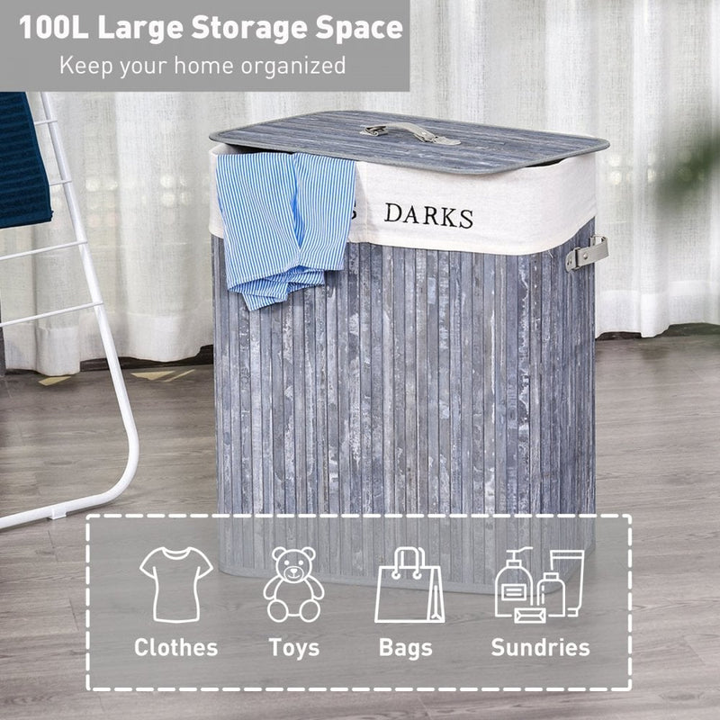 Collapsible Bamboo Laundry Hamper Organizer Clothes Washing Basket Bin Storage Box Removable Lining Large Section Double