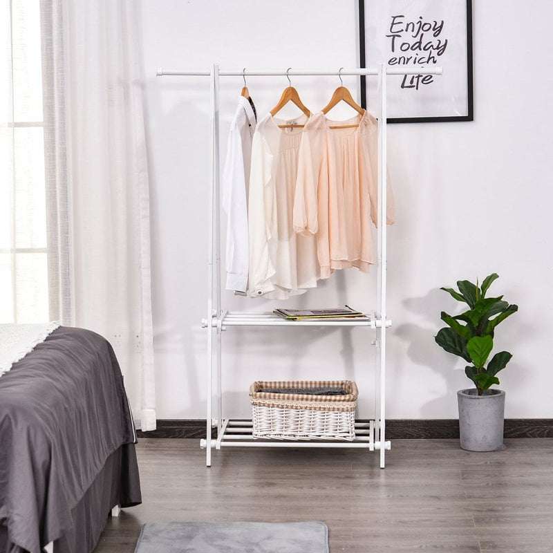 Steel Freestanding Clothes Rail w/ 2 Shelves White