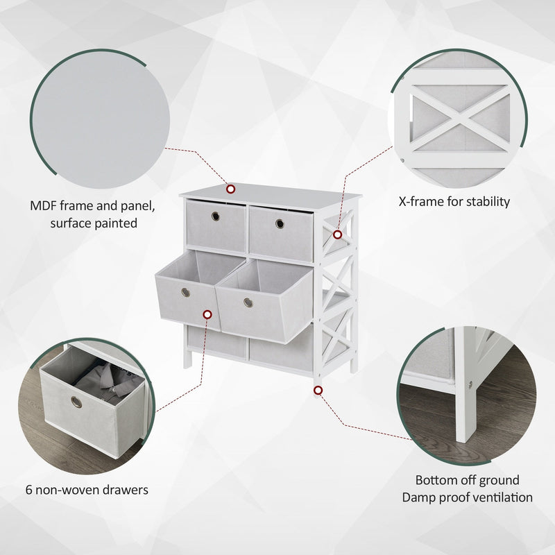 Non-Woven Fabric 6-Drawer MDF Bedroom Cabinet White
