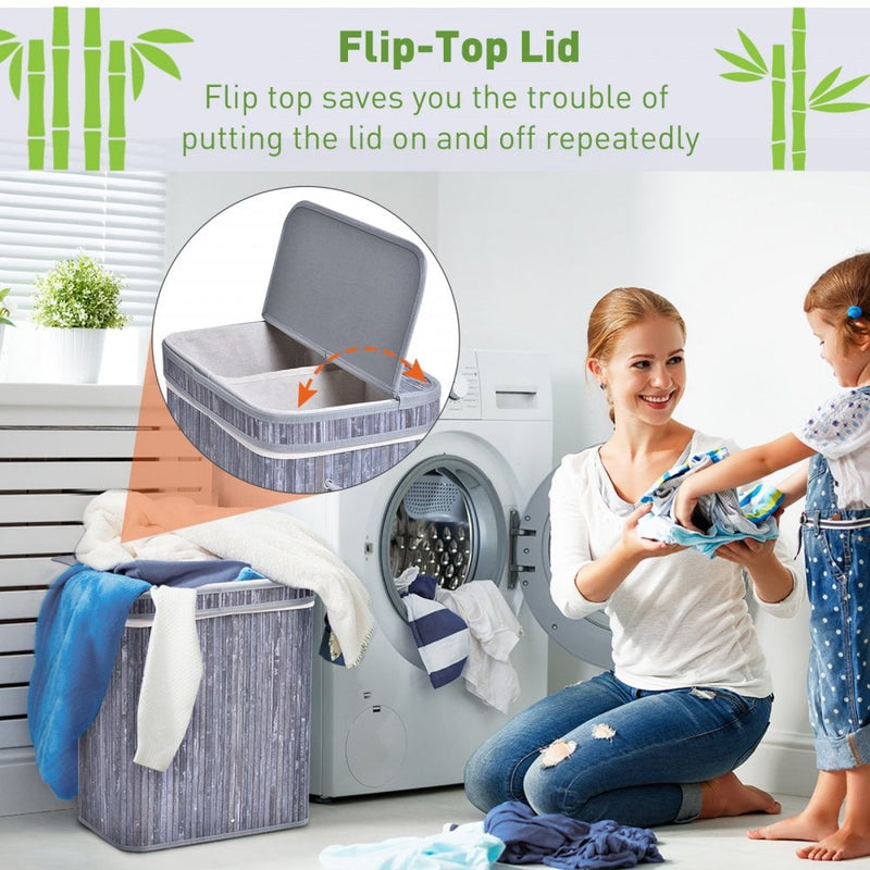 70L 2-Compartment Bamboo Laundry Basket Grey