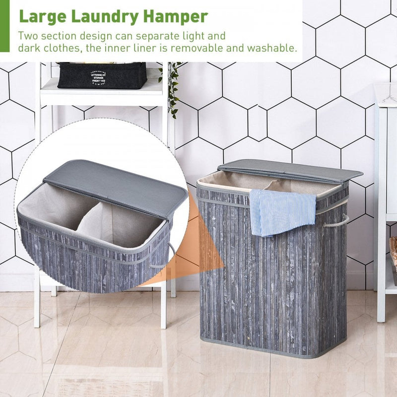 70L 2-Compartment Bamboo Laundry Basket Grey