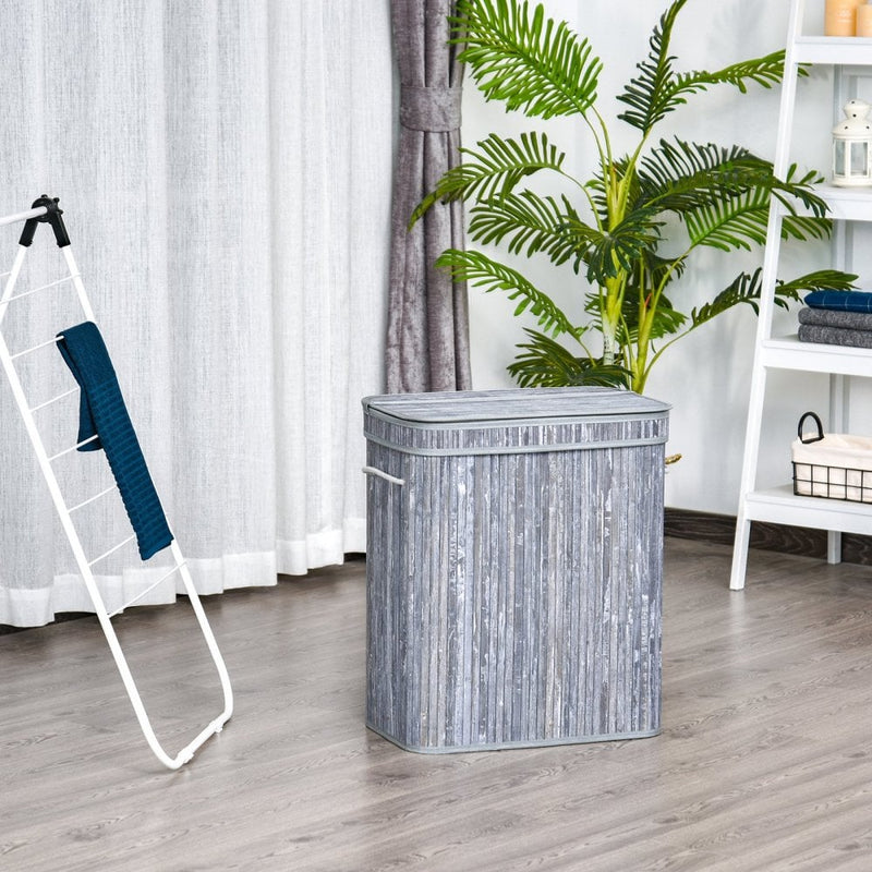 70L 2-Compartment Bamboo Laundry Basket Grey