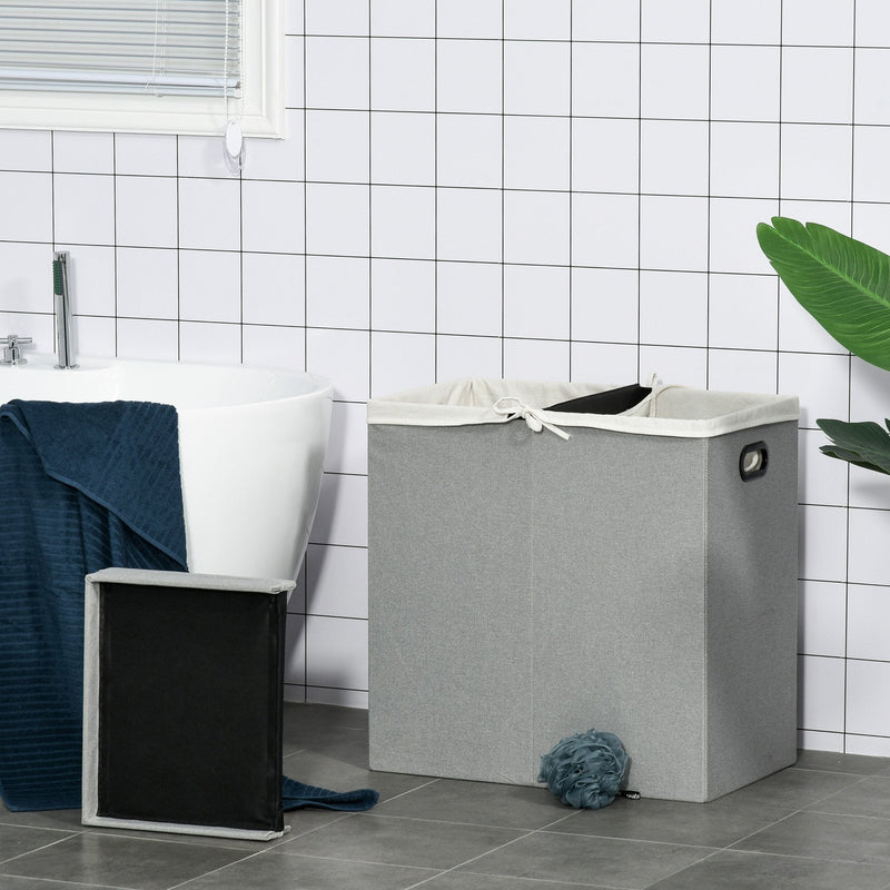Linen Folding Laundry Basket, Hamper Bin with 2 Sections, Lid and Removable Liner and Handles, 115L Storage Capacity, Grey Clothes Dividers Lining