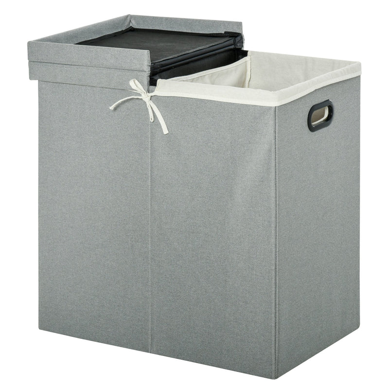 Linen Folding Laundry Basket, Hamper Bin with 2 Sections, Lid and Removable Liner and Handles, 115L Storage Capacity, Grey Clothes Dividers Lining