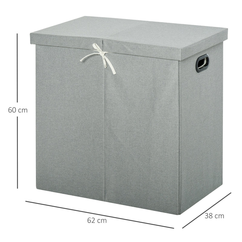 Linen Folding Laundry Basket, Hamper Bin with 2 Sections, Lid and Removable Liner and Handles, 115L Storage Capacity, Grey Clothes Dividers Lining