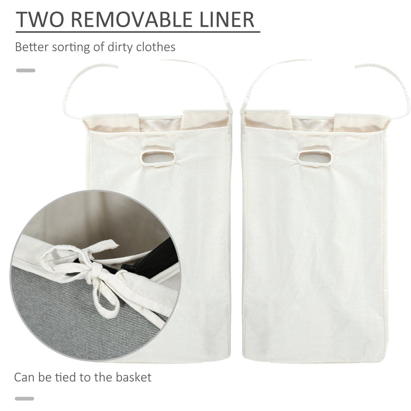 Linen Folding Laundry Basket, Hamper Bin with 2 Sections, Lid and Removable Liner and Handles, 115L Storage Capacity, Grey Clothes Dividers Lining