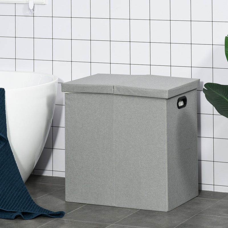 Linen Folding Laundry Basket, Hamper Bin with 2 Sections, Lid and Removable Liner and Handles, 115L Storage Capacity, Grey Clothes Dividers Lining