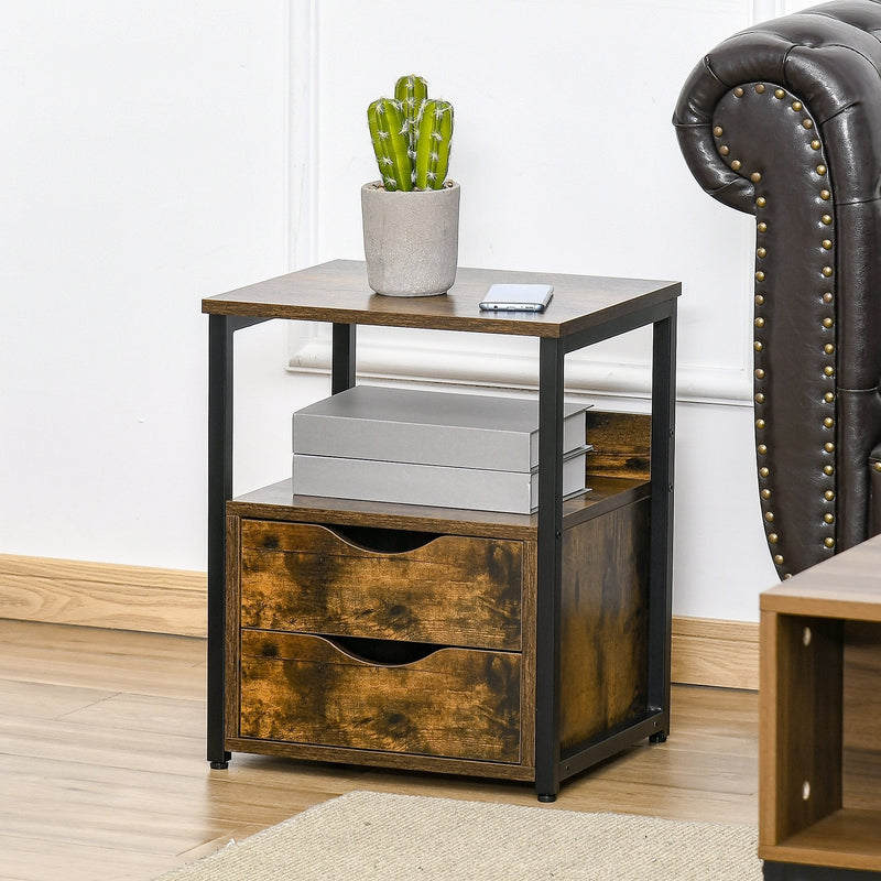 Industrial Side Table with Drawer, Sofa Table, Bedside Cabinet with Storage Shelf, Slim Nightstand for Living Room, Bedroom, Rustic Brown Desk