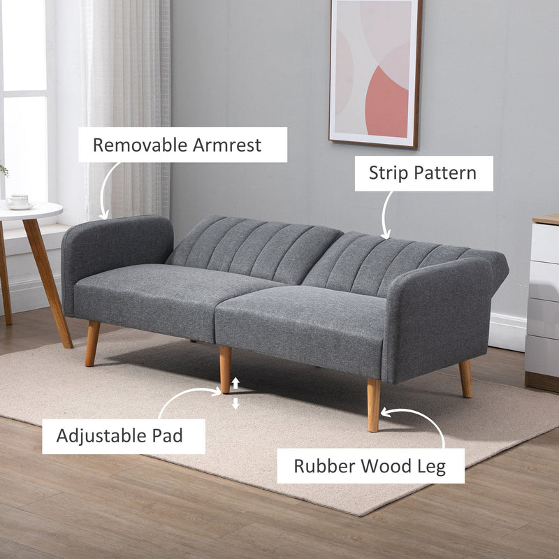 Two Seater Sofa Bed, Convertible Linen Fabric Sofa Couch,  Click Clack Sofabed with Adjustable Split Backrest for Living Room, Bedroom, Guest Room, Grey Bed