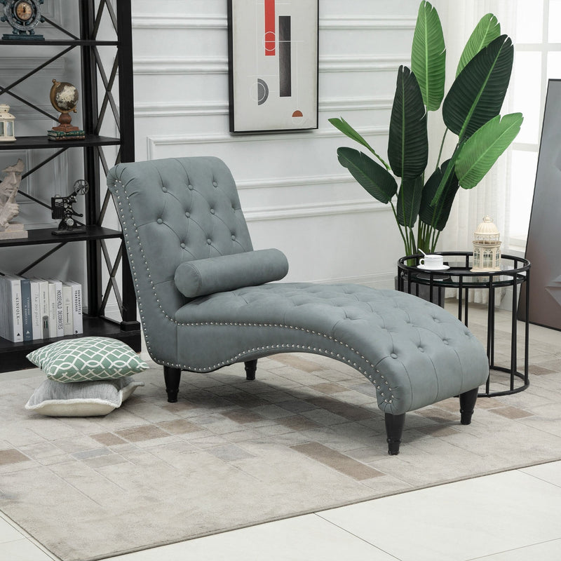 Tufted Chaise Longue Modern Recliner Upholstered Leisure Sofa Chair with Pillow for Living Room, Bedroom, Grey