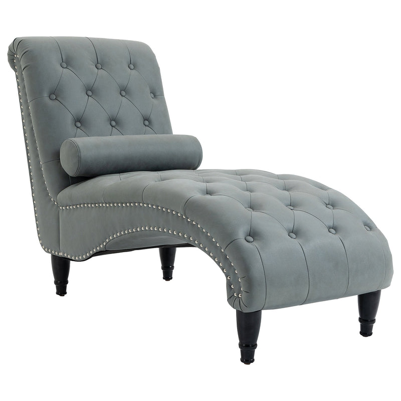 Tufted Chaise Longue Modern Recliner Upholstered Leisure Sofa Chair with Pillow for Living Room, Bedroom, Grey
