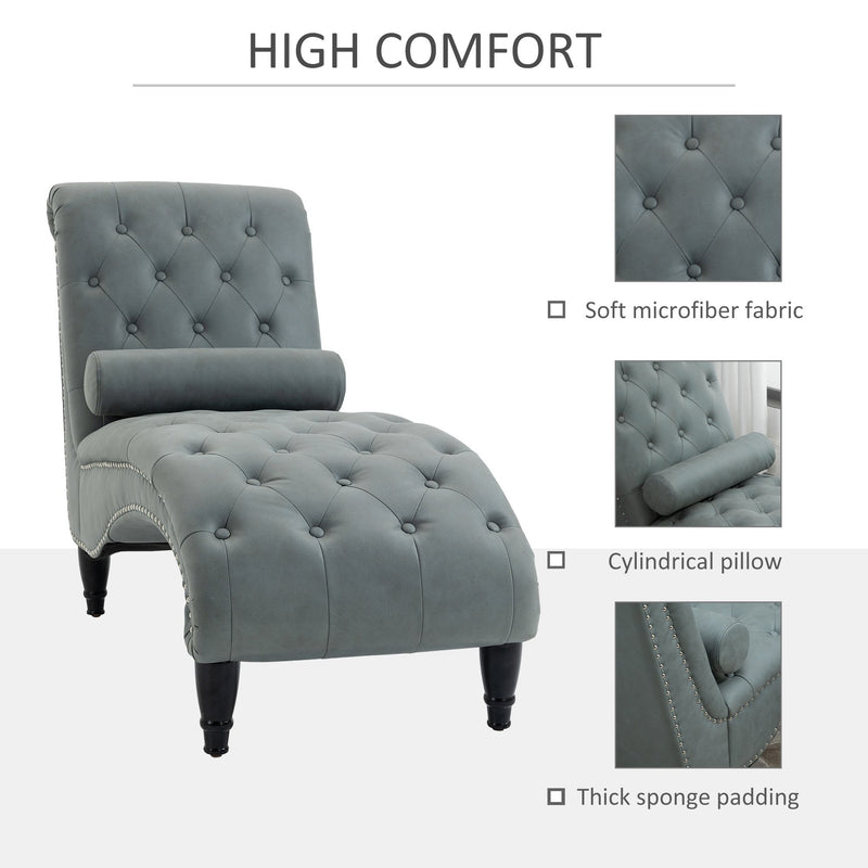 Tufted Chaise Longue Modern Recliner Upholstered Leisure Sofa Chair with Pillow for Living Room, Bedroom, Grey