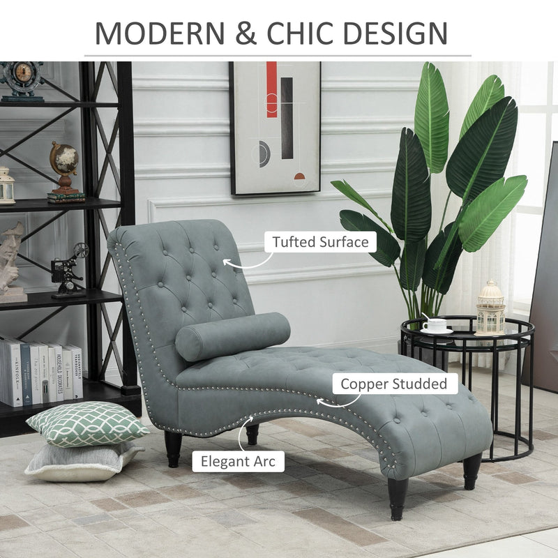 Tufted Chaise Longue Modern Recliner Upholstered Leisure Sofa Chair with Pillow for Living Room, Bedroom, Grey