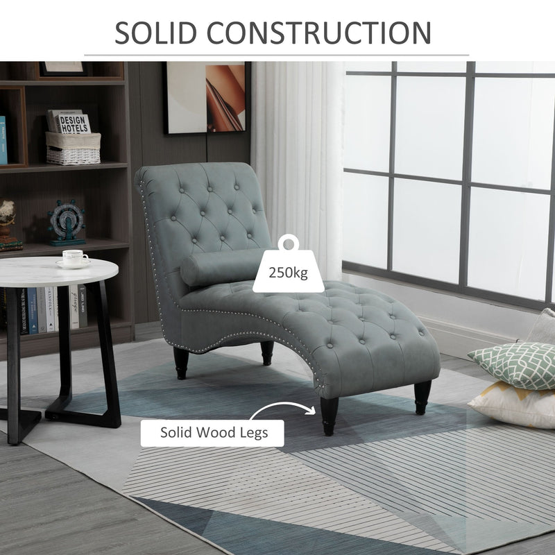 Tufted Chaise Longue Modern Recliner Upholstered Leisure Sofa Chair with Pillow for Living Room, Bedroom, Grey