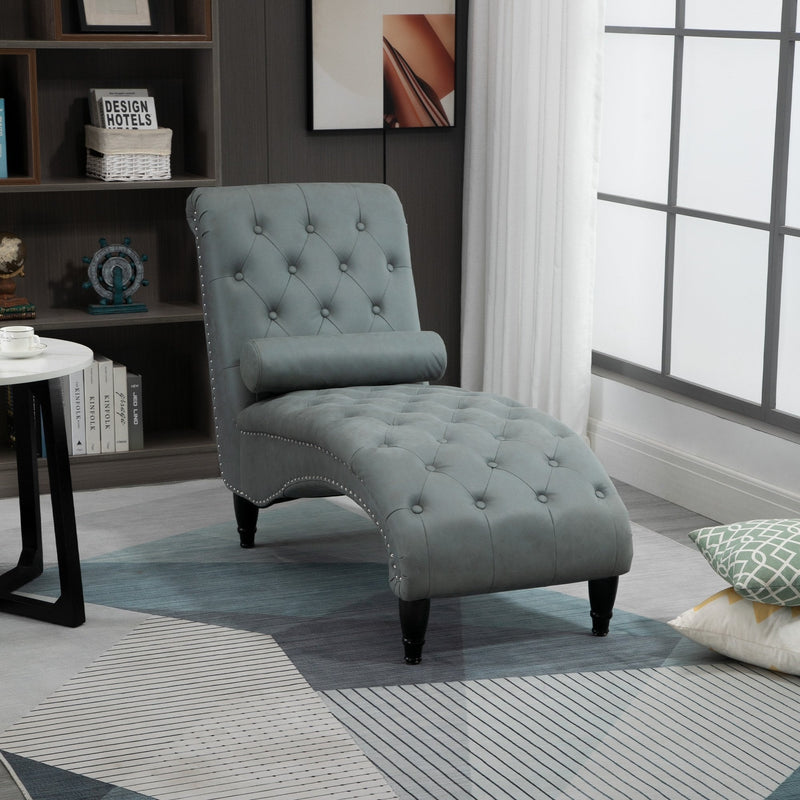 Tufted Chaise Longue Modern Recliner Upholstered Leisure Sofa Chair with Pillow for Living Room, Bedroom, Grey
