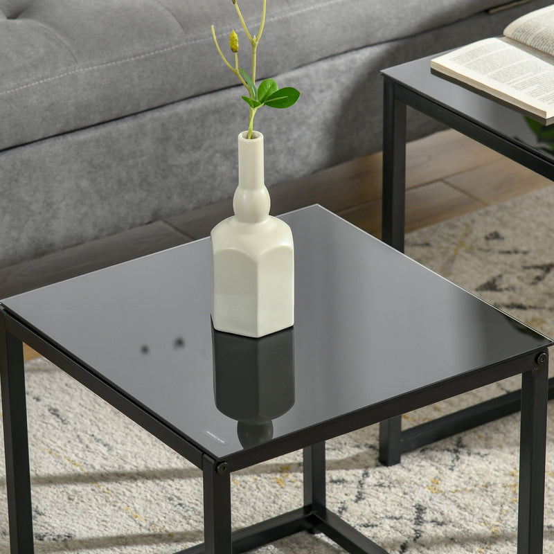 Nest of 2 Side Tables, Set of Modern Bedside Tables with Tempered Glass Desktop for Living Room, Bedroom, Office - Black