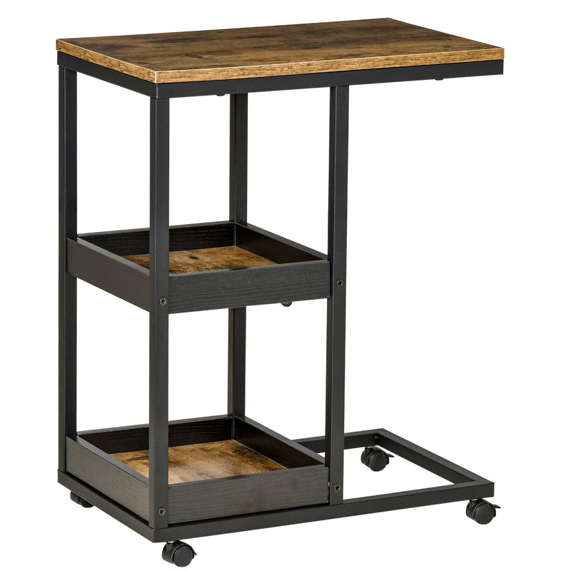 Industrial Mobile Sofa Side Table with 3-Tier Storage Shelving, 4 Lockable Wheels and Steel Frame for Bedroom - Brown Rustic