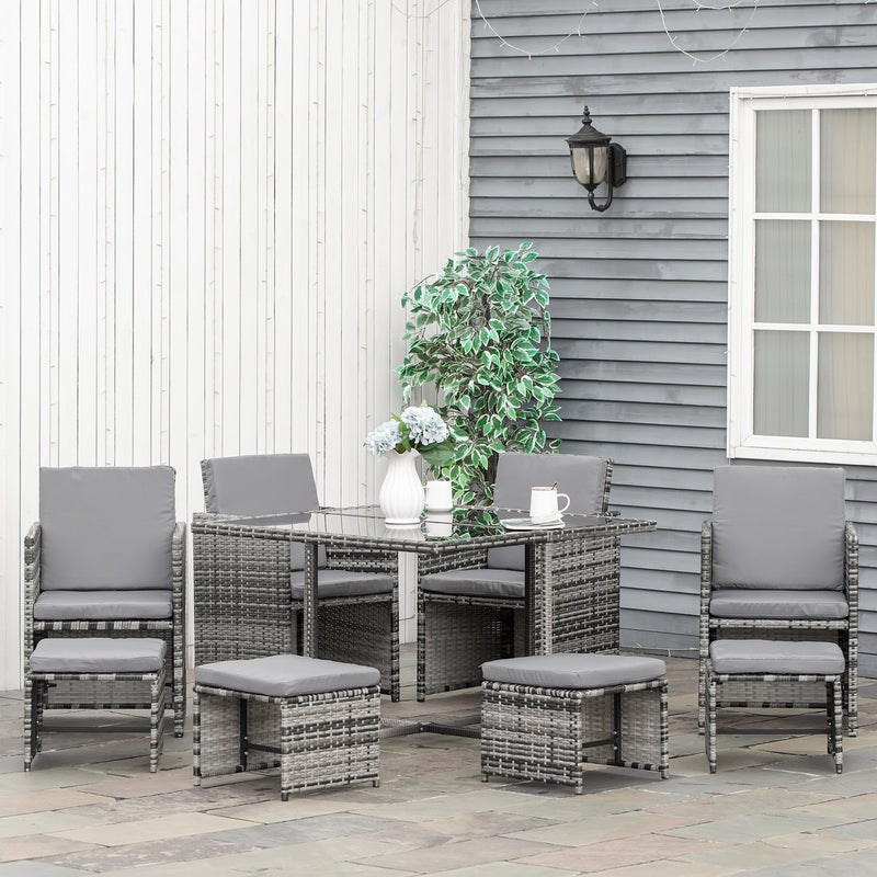 Outsunny 8-Seater Rattan Furniture Set Wicker Weave Patio Dining Table Seat - Grey