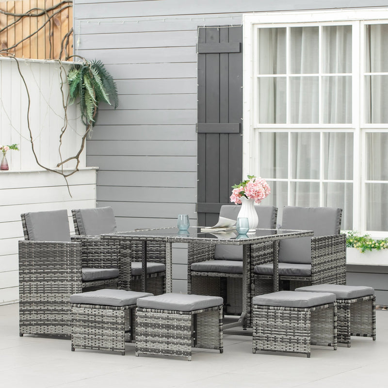 Outsunny 8-Seater Rattan Furniture Set Wicker Weave Patio Dining Table Seat - Grey
