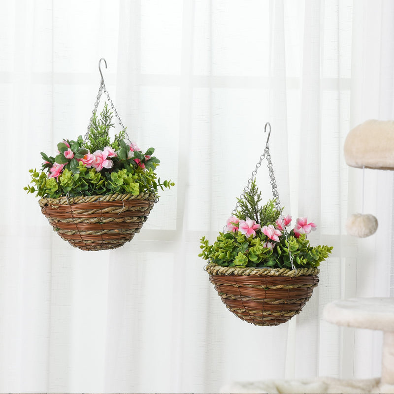 HOMCOM Pack of 2 Artificial Lisianthus Flowers Hanging Planter with Basket for Indoor Outdoor Decoration Home Garden