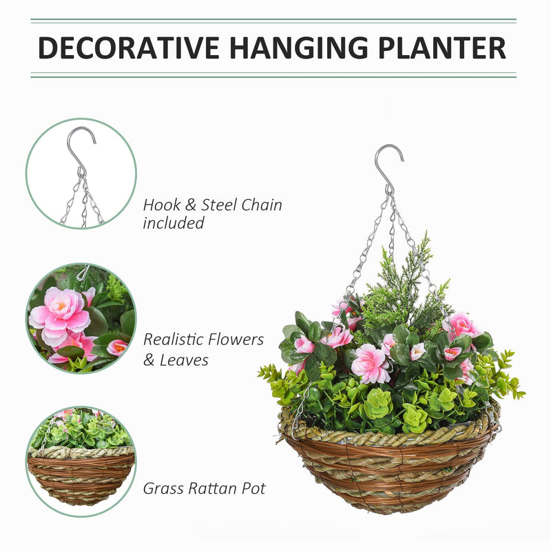 HOMCOM Pack of 2 Artificial Lisianthus Flowers Hanging Planter with Basket for Indoor Outdoor Decoration Home Garden