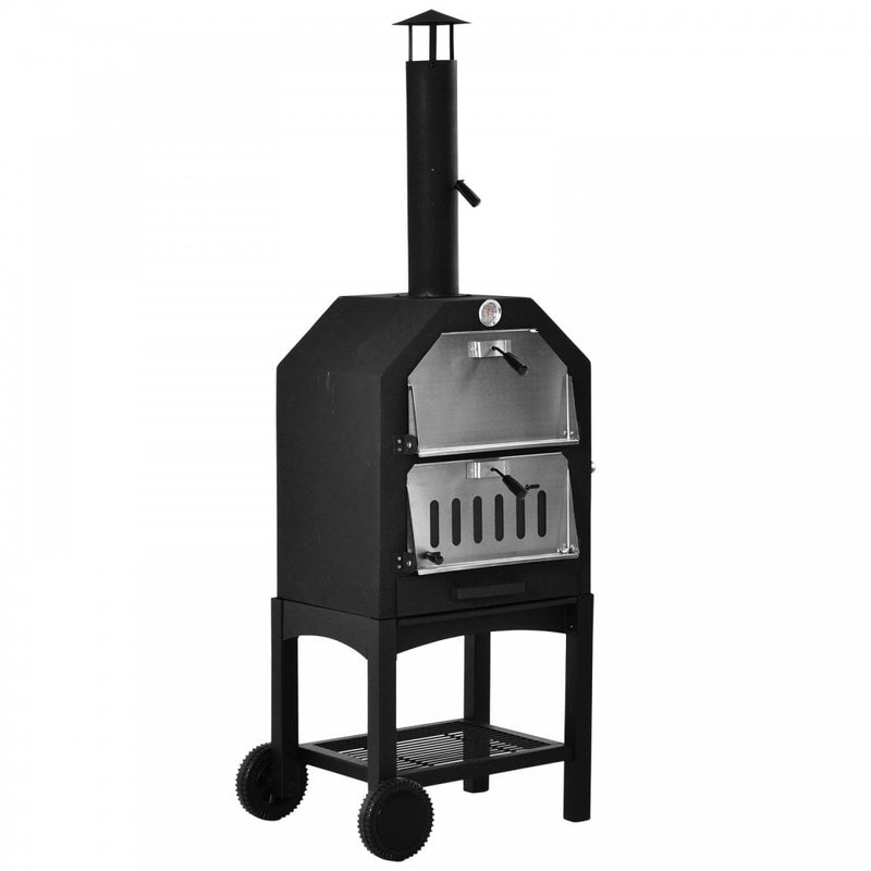 Outsunny 3-Tier Freestanding Outdoor Pizza Oven & Charcoal BBQ Grill - Black