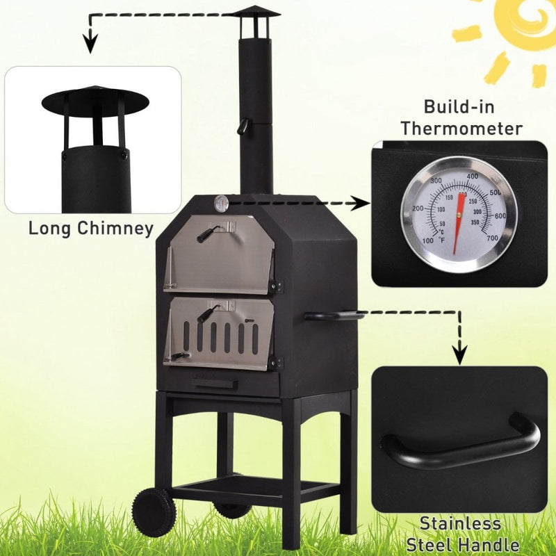 Outsunny 3-Tier Freestanding Outdoor Pizza Oven & Charcoal BBQ Grill - Black