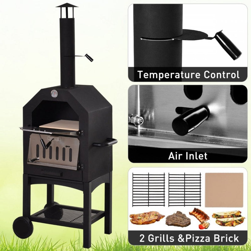 Outsunny 3-Tier Freestanding Outdoor Pizza Oven & Charcoal BBQ Grill - Black