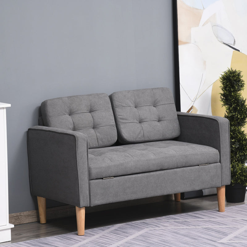 Modern Loveseat Sofa Button-Tufted Fabric Couch with Storage Chest, Rubberwood Legs, Grey Chest Wood Legs
