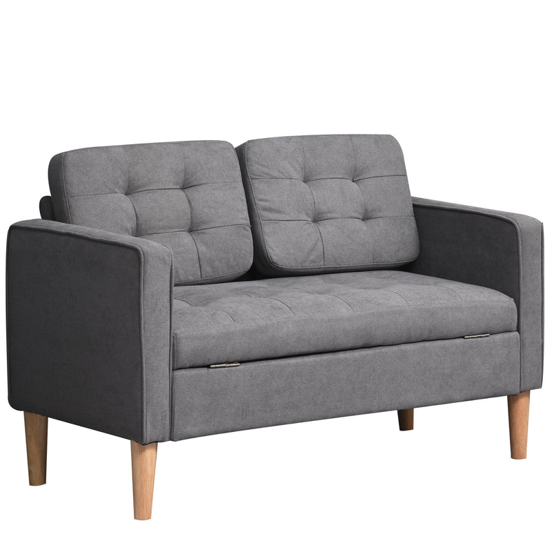 Modern Loveseat Sofa Button-Tufted Fabric Couch with Storage Chest, Rubberwood Legs, Grey Chest Wood Legs