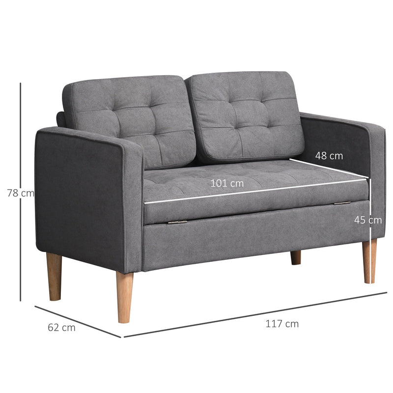 Modern Loveseat Sofa Button-Tufted Fabric Couch with Storage Chest, Rubberwood Legs, Grey Chest Wood Legs