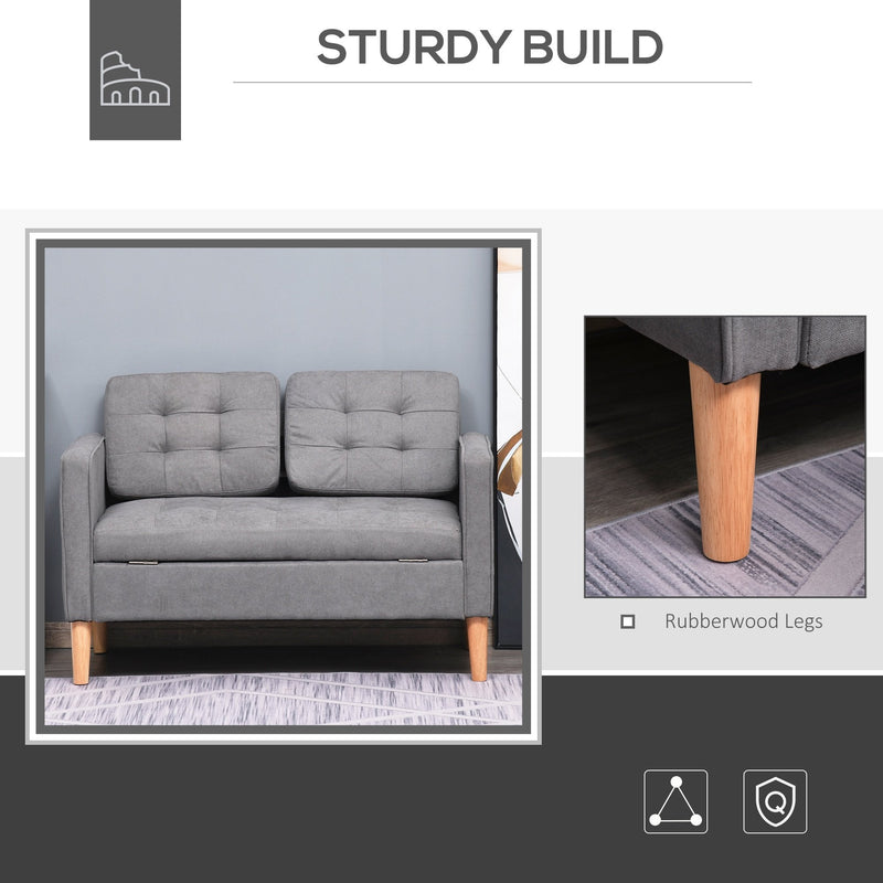 Modern Loveseat Sofa Button-Tufted Fabric Couch with Storage Chest, Rubberwood Legs, Grey Chest Wood Legs