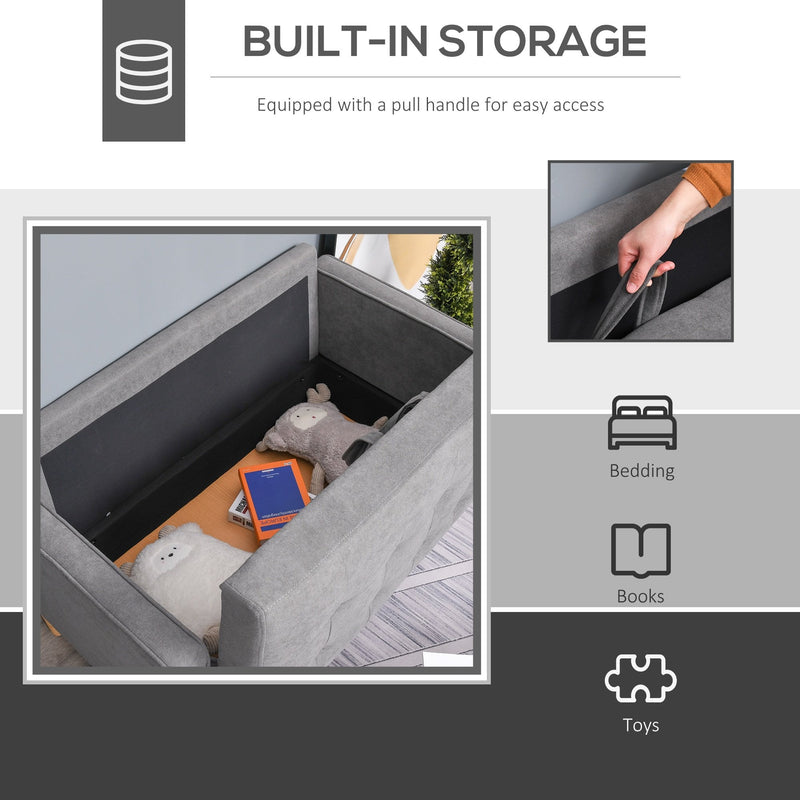 Modern Loveseat Sofa Button-Tufted Fabric Couch with Storage Chest, Rubberwood Legs, Grey Chest Wood Legs