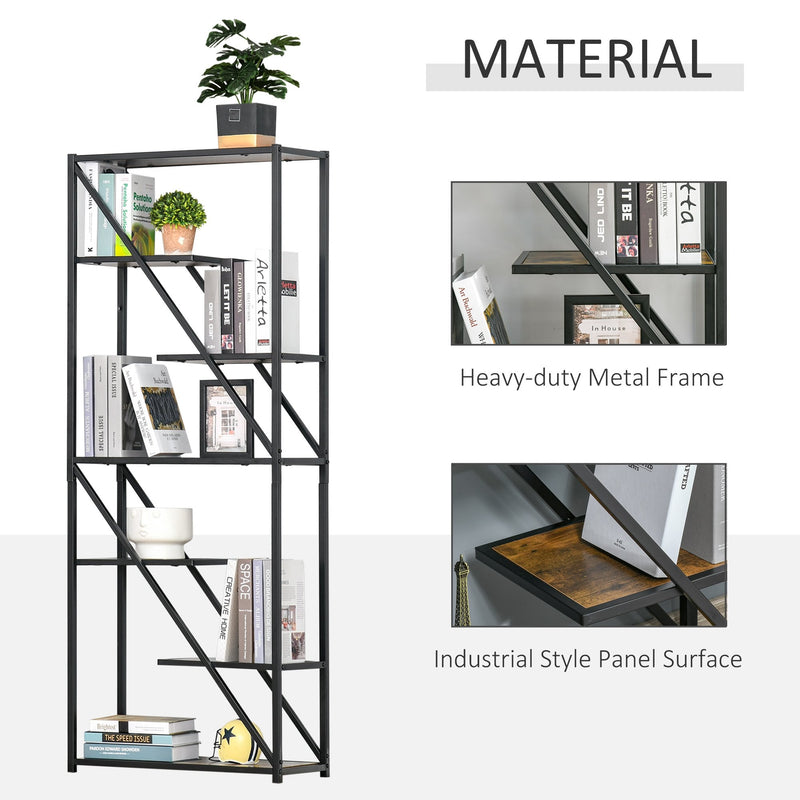 Industrial Storage Shelf Bookcase Floor Standing Display Rack with Metal Frame for Living Room & Study