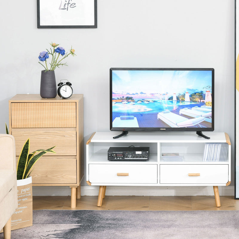 Modern TV Stand for TVs up to 46'' Flat Screen with Bamboo Elements, TV Console Cabinet with Drawers and Shelves, Cable Hole, Home Entertainment Center, Home and Office, White Center