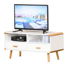 Modern TV Stand for TVs up to 46'' Flat Screen with Bamboo Elements, TV Console Cabinet with Drawers and Shelves, Cable Hole, Home Entertainment Center, Home and Office, White Center