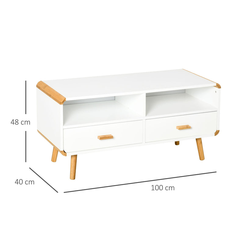 Modern TV Stand for TVs up to 46'' Flat Screen with Bamboo Elements, TV Console Cabinet with Drawers and Shelves, Cable Hole, Home Entertainment Center, Home and Office, White Center