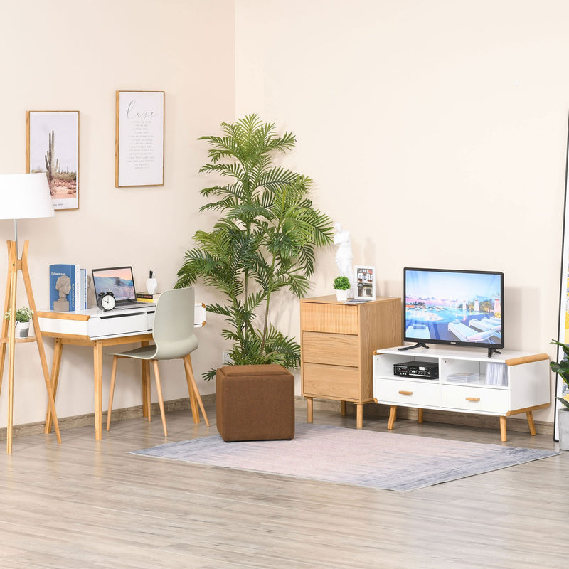 Modern TV Stand for TVs up to 46'' Flat Screen with Bamboo Elements, TV Console Cabinet with Drawers and Shelves, Cable Hole, Home Entertainment Center, Home and Office, White Center