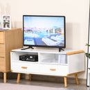 Modern TV Stand for TVs up to 46'' Flat Screen with Bamboo Elements, TV Console Cabinet with Drawers and Shelves, Cable Hole, Home Entertainment Center, Home and Office, White Center