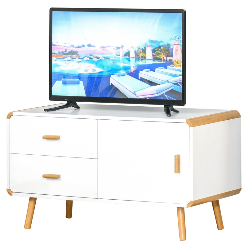 Modern TV Stand for TVs up to 45'' Flat Screen with Bamboo Legs, TV Console Cabinet with Drawers and Cupboard, Cable Hole, Home Entertainment Center, Living Room Bedroom and Office, White Center