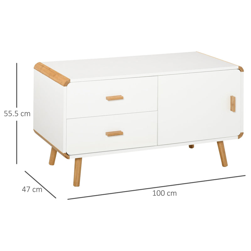 Modern TV Stand for TVs up to 45'' Flat Screen with Bamboo Legs, TV Console Cabinet with Drawers and Cupboard, Cable Hole, Home Entertainment Center, Living Room Bedroom and Office, White Center