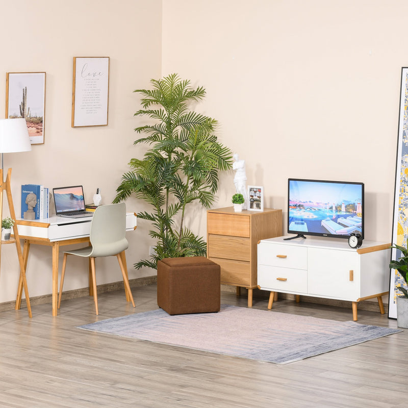 Modern TV Stand for TVs up to 45'' Flat Screen with Bamboo Legs, TV Console Cabinet with Drawers and Cupboard, Cable Hole, Home Entertainment Center, Living Room Bedroom and Office, White Center
