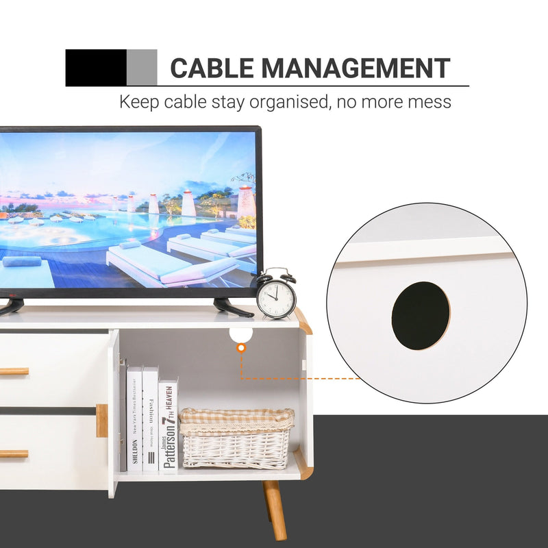 Modern TV Stand for TVs up to 45'' Flat Screen with Bamboo Legs, TV Console Cabinet with Drawers and Cupboard, Cable Hole, Home Entertainment Center, Living Room Bedroom and Office, White Center