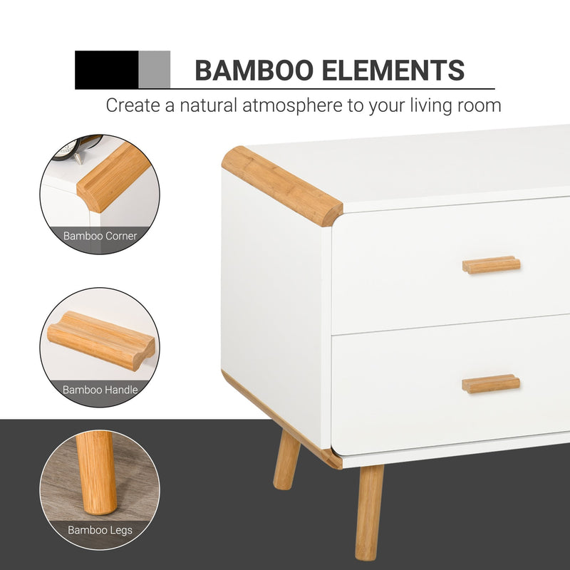 Modern TV Stand for TVs up to 45'' Flat Screen with Bamboo Legs, TV Console Cabinet with Drawers and Cupboard, Cable Hole, Home Entertainment Center, Living Room Bedroom and Office, White Center