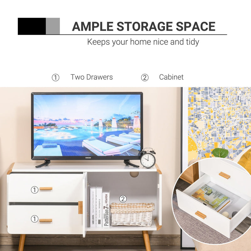 Modern TV Stand for TVs up to 45'' Flat Screen with Bamboo Legs, TV Console Cabinet with Drawers and Cupboard, Cable Hole, Home Entertainment Center, Living Room Bedroom and Office, White Center