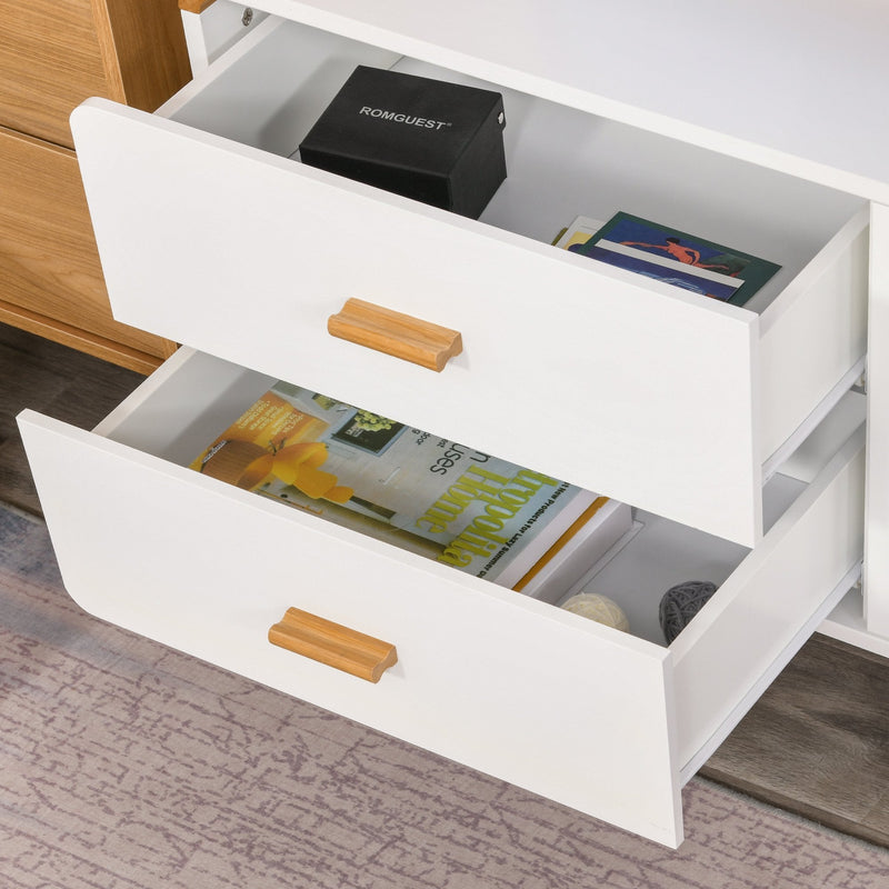 Modern TV Stand for TVs up to 45'' Flat Screen with Bamboo Legs, TV Console Cabinet with Drawers and Cupboard, Cable Hole, Home Entertainment Center, Living Room Bedroom and Office, White Center