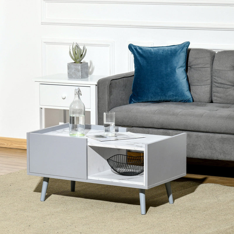 Modern Coffee Table with Marble Texture, Rectangular Sofaside Table with Drawer, Open Storage Compartment, Wood Legs for Living Room Shelf