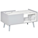 Modern Coffee Table with Marble Texture, Rectangular Sofaside Table with Drawer, Open Storage Compartment, Wood Legs for Living Room Shelf