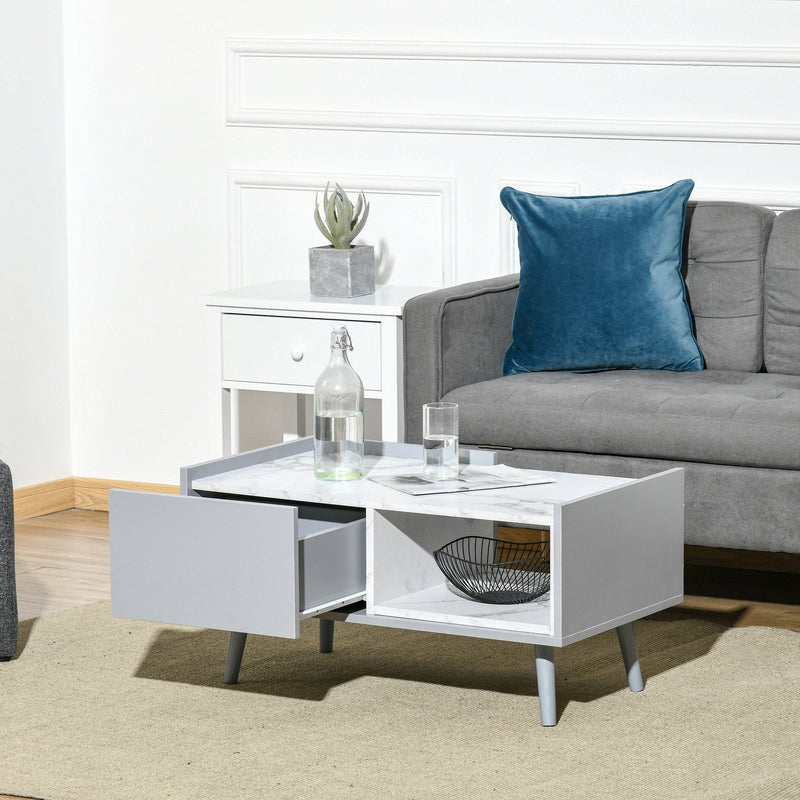 Modern Coffee Table with Marble Texture, Rectangular Sofaside Table with Drawer, Open Storage Compartment, Wood Legs for Living Room Shelf